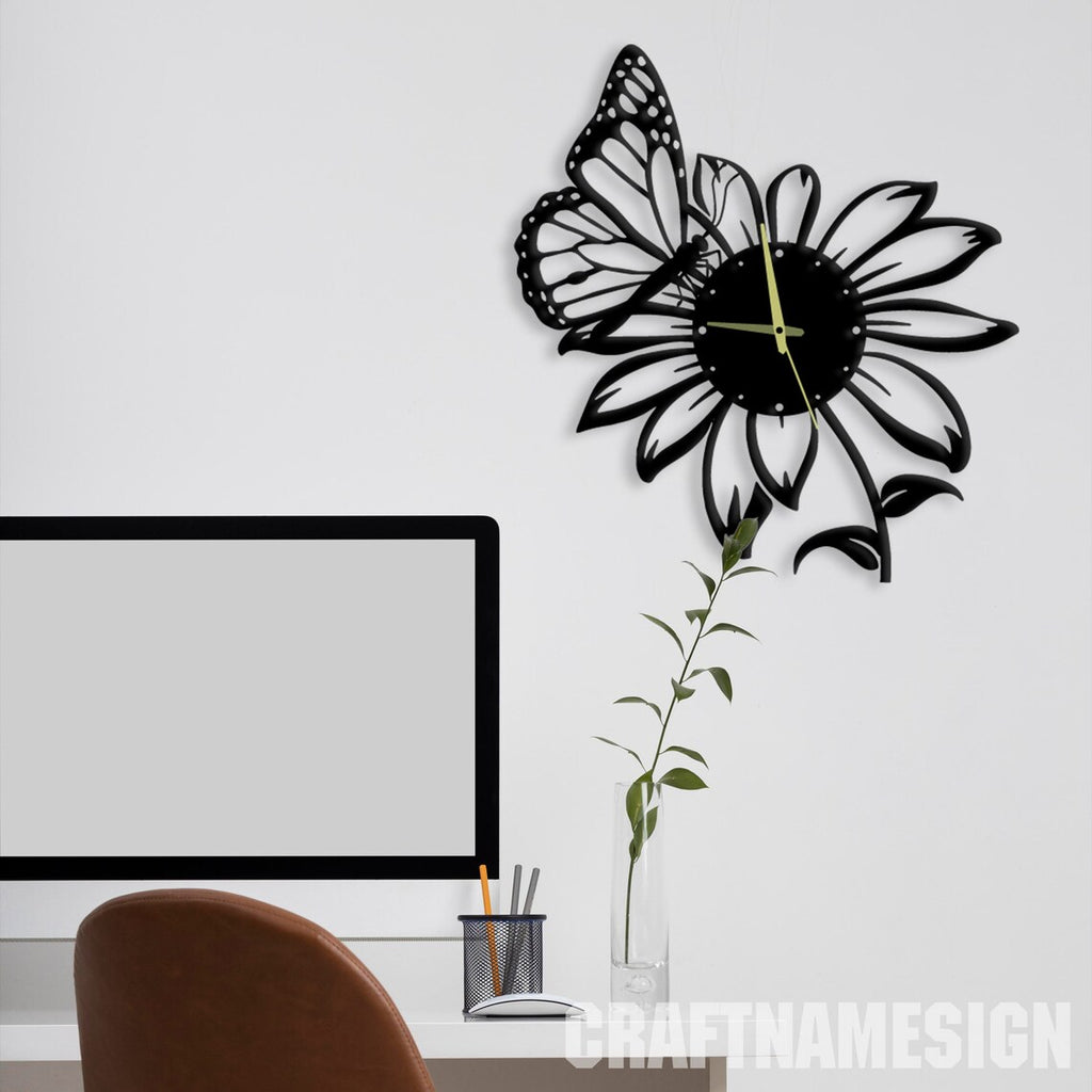 Butterfly On Flower  Acrylic Wall Clock Modern Design