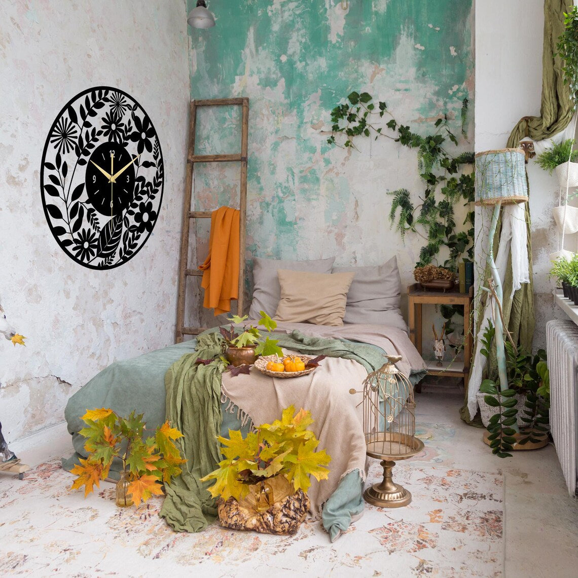 Floral Metal Wall Clock Oversized Botanical Decor
