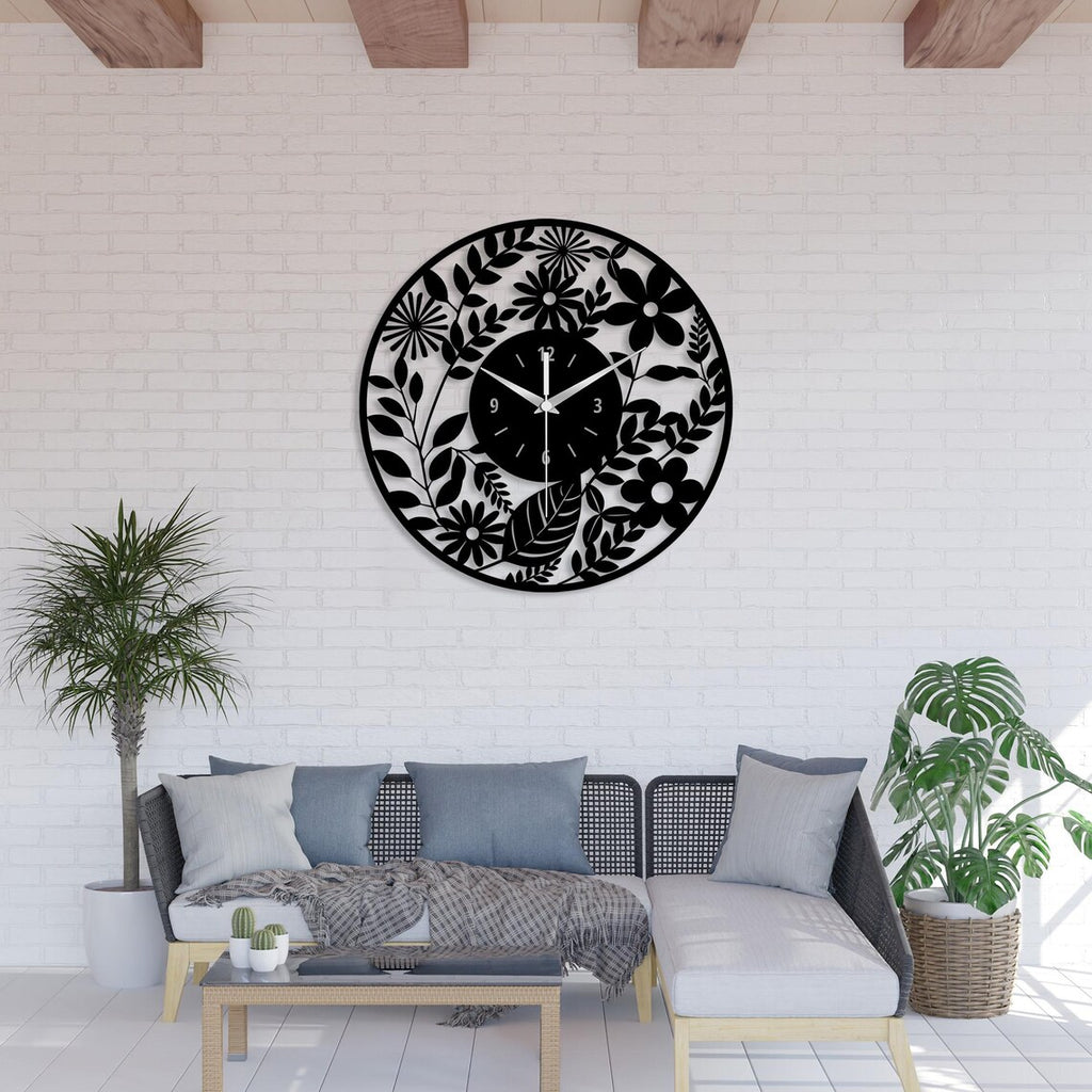 Floral Metal Wall Clock Oversized Botanical Decor