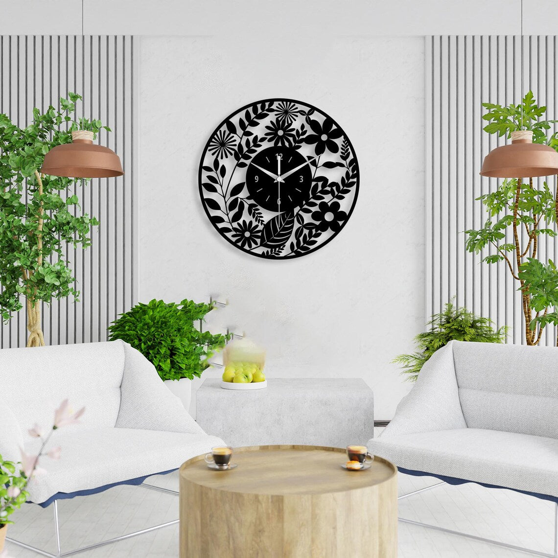 Floral Metal Wall Clock Oversized Botanical Decor