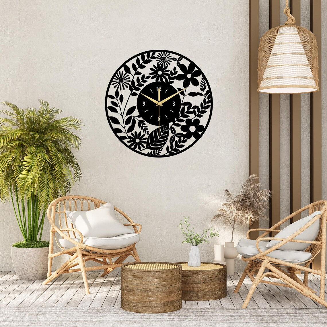 Floral Metal Wall Clock Oversized Botanical Decor