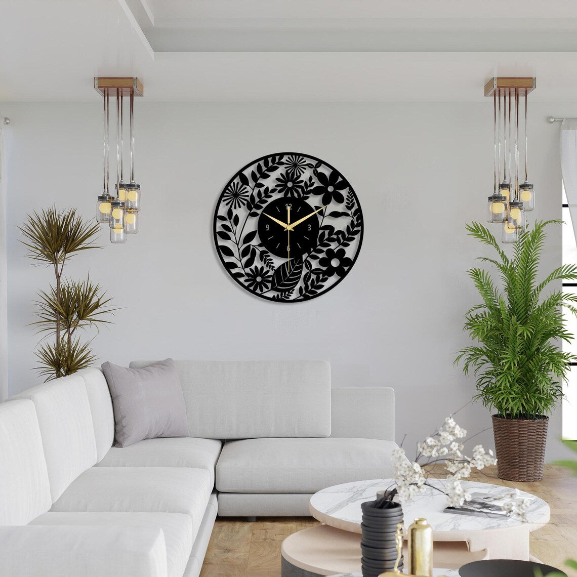 Floral Metal Wall Clock Oversized Botanical Decor