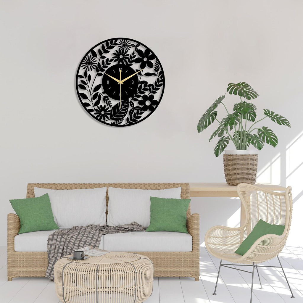 Floral Metal Wall Clock Oversized Botanical Decor